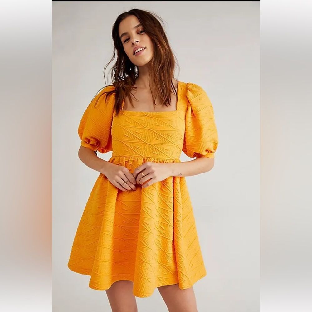 Free People Puff Sleeve Mini Dress S Orange Tie-Back Textured